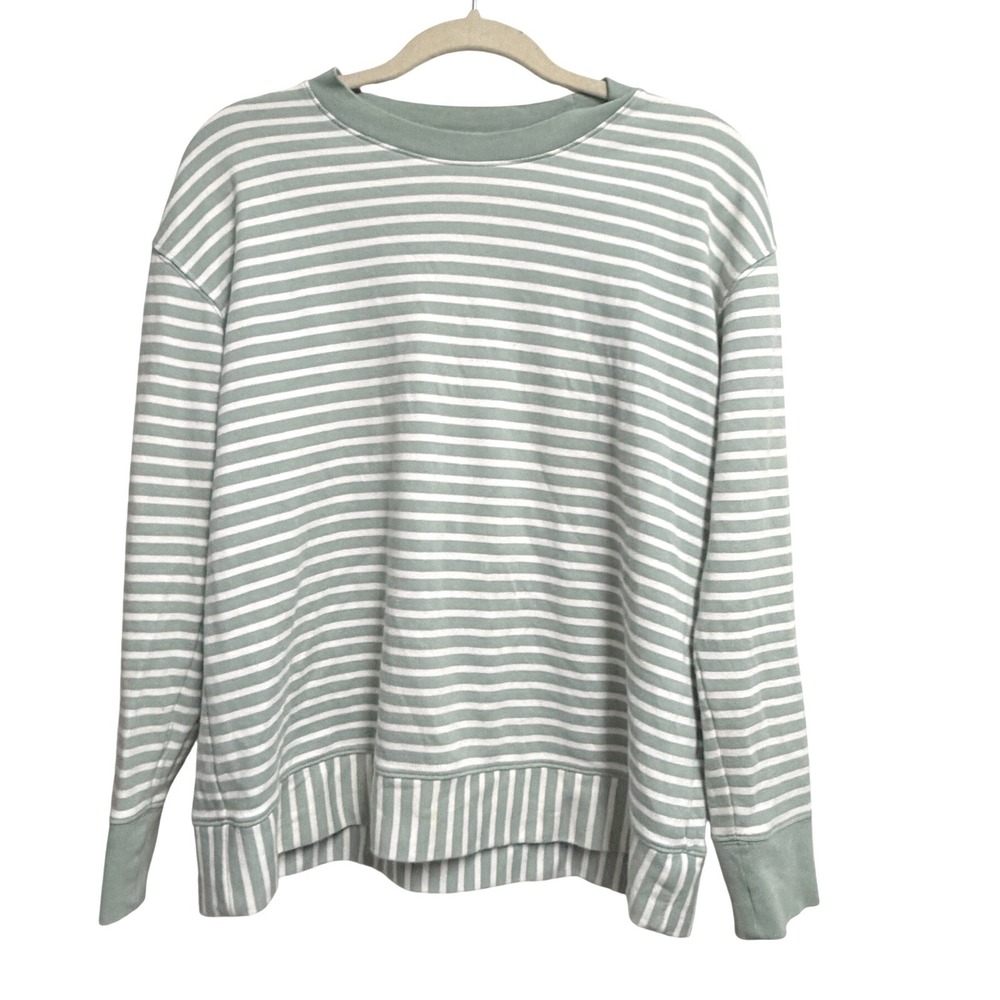 Alice Walk Striped Pima Cotton Pullover Sage Green Sweatshirt Small
